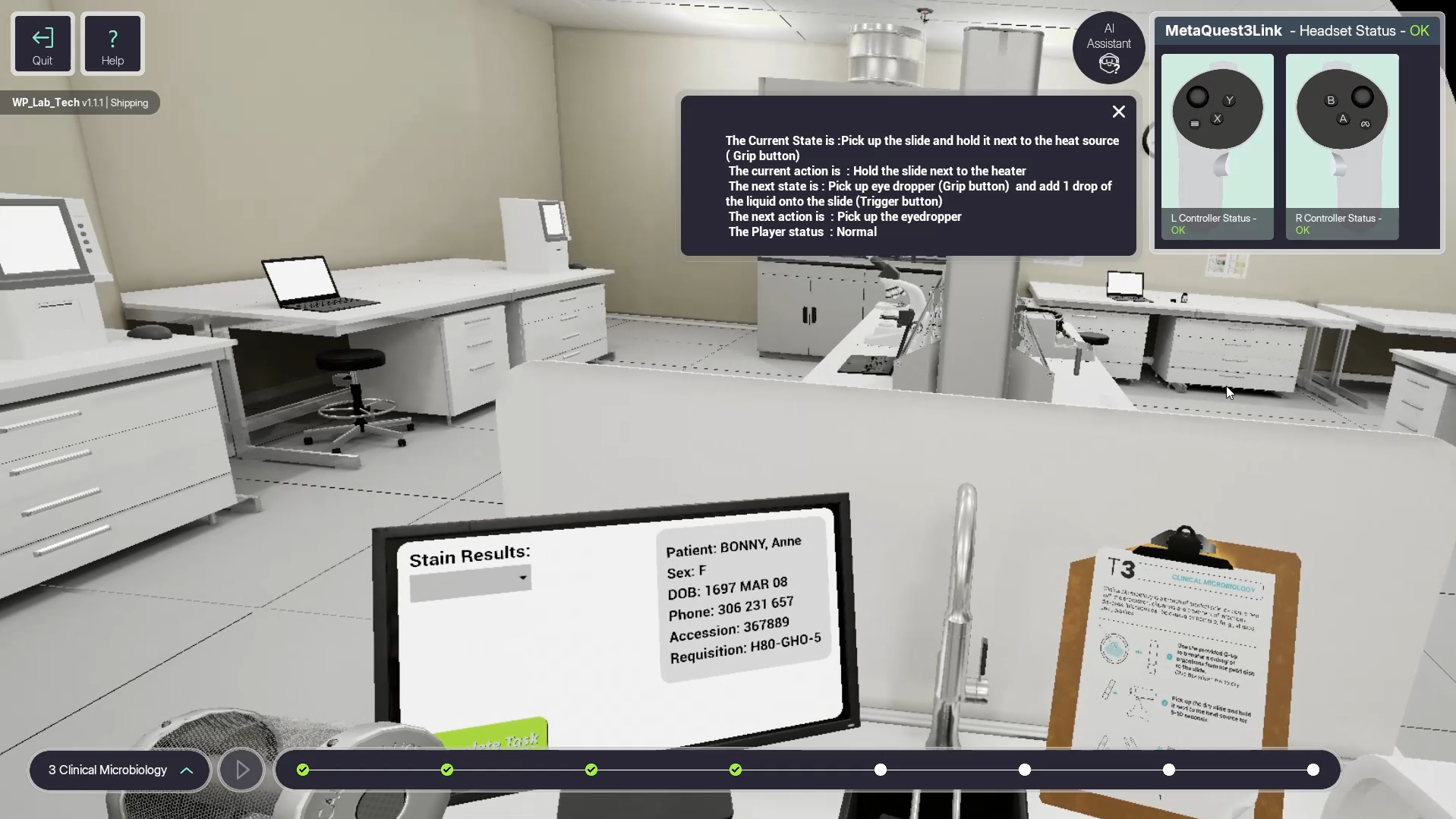 Facilitator Tool in action — VR clinical microbiology training session with AI assistant, real-time task guidance, and controller status overlay