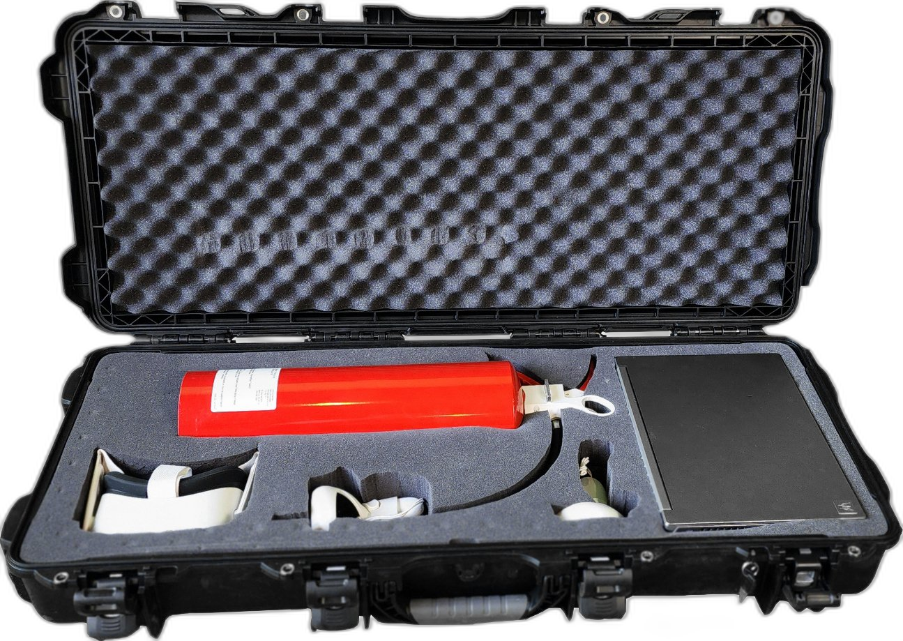 VR Hardware Kit, Meta Quest 3, fire extinguisher, travel case, and gaming laptop