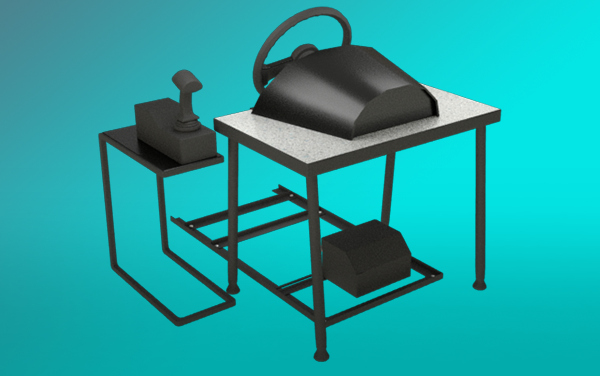 VR Driving Peripheral — steering wheel, snowplow joystick, and pedals