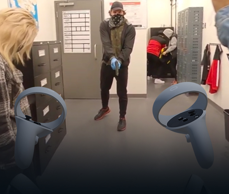 Rogers VR robbery response training simulation built by Melcher Studios — first-person view of armed robbery scenario with VR controllers
