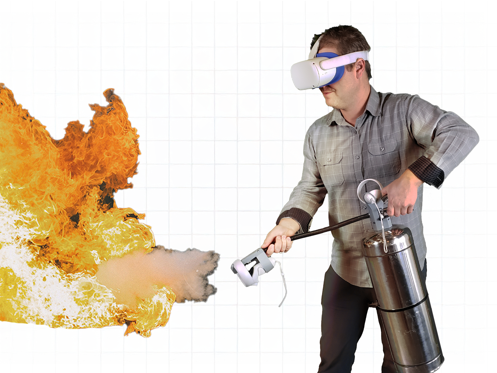 Person using VR headset with fire extinguisher for immersive fire safety training
