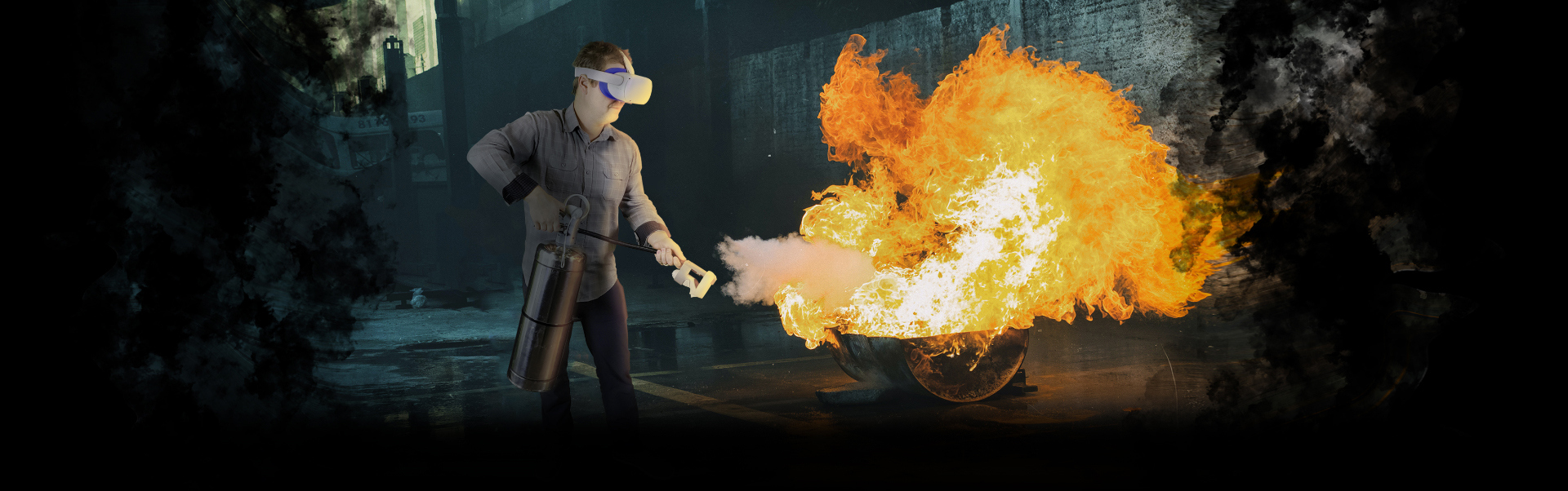 VR fire extinguisher training in action