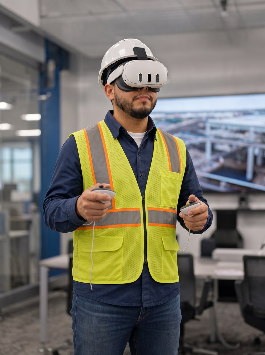 Worker in hard hat and safety vest using a Meta Quest VR headset with controllers