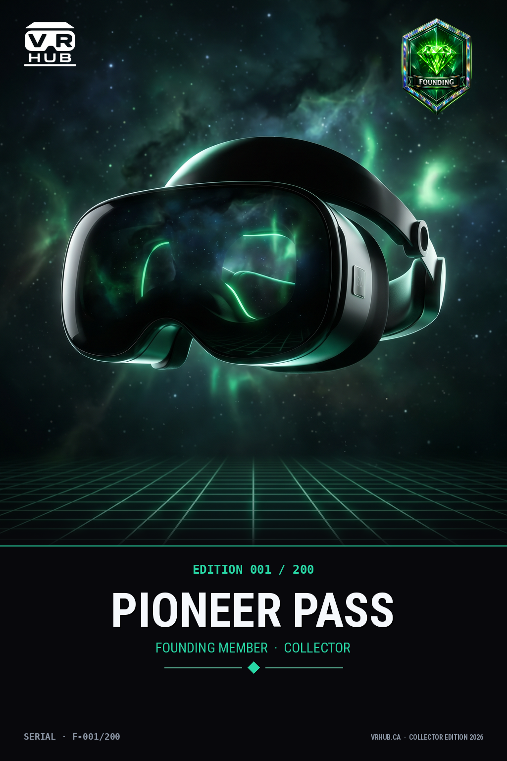 VR Hub Pioneer Pass NFT — Founding Member tier card with glossy black VR headset