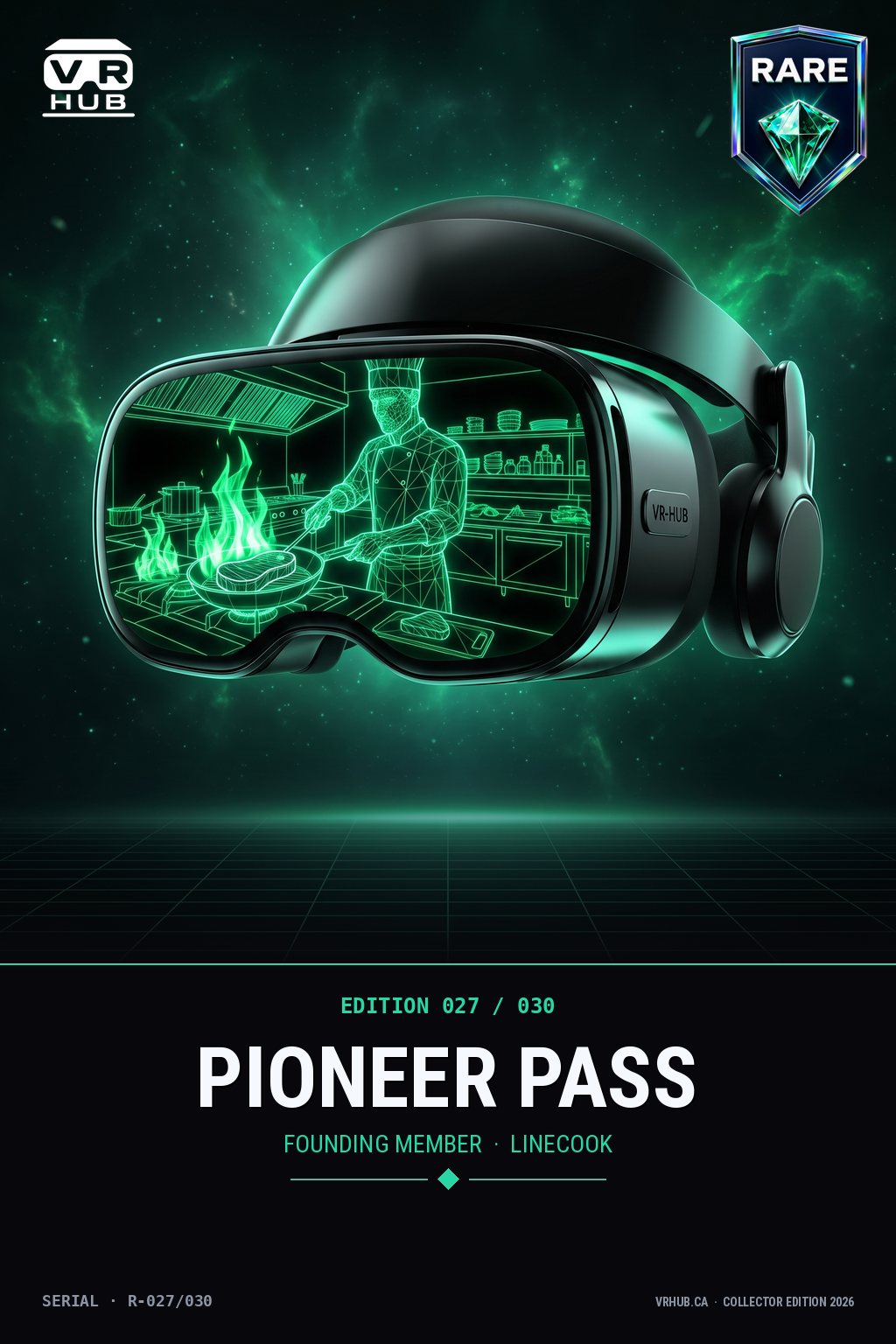 Rare tier Pioneer Pass NFT — Line Cook sim card with green wireframe chef