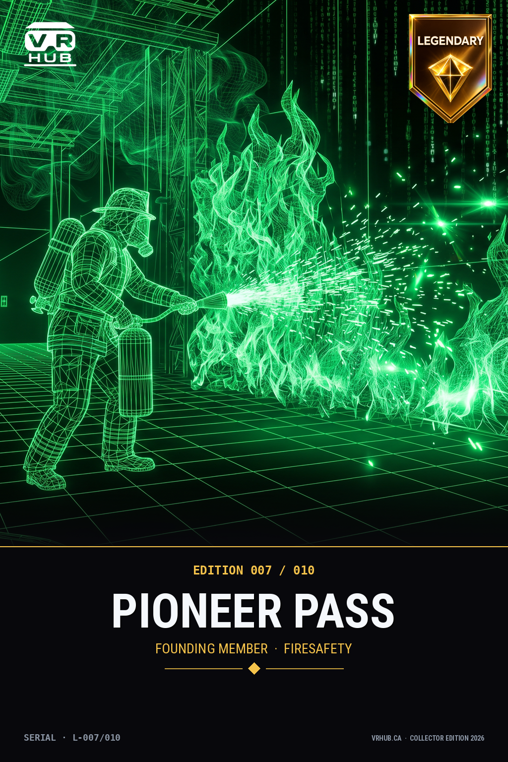 Legendary tier Pioneer Pass NFT — Fire Safety sim card with green wireframe firefighter